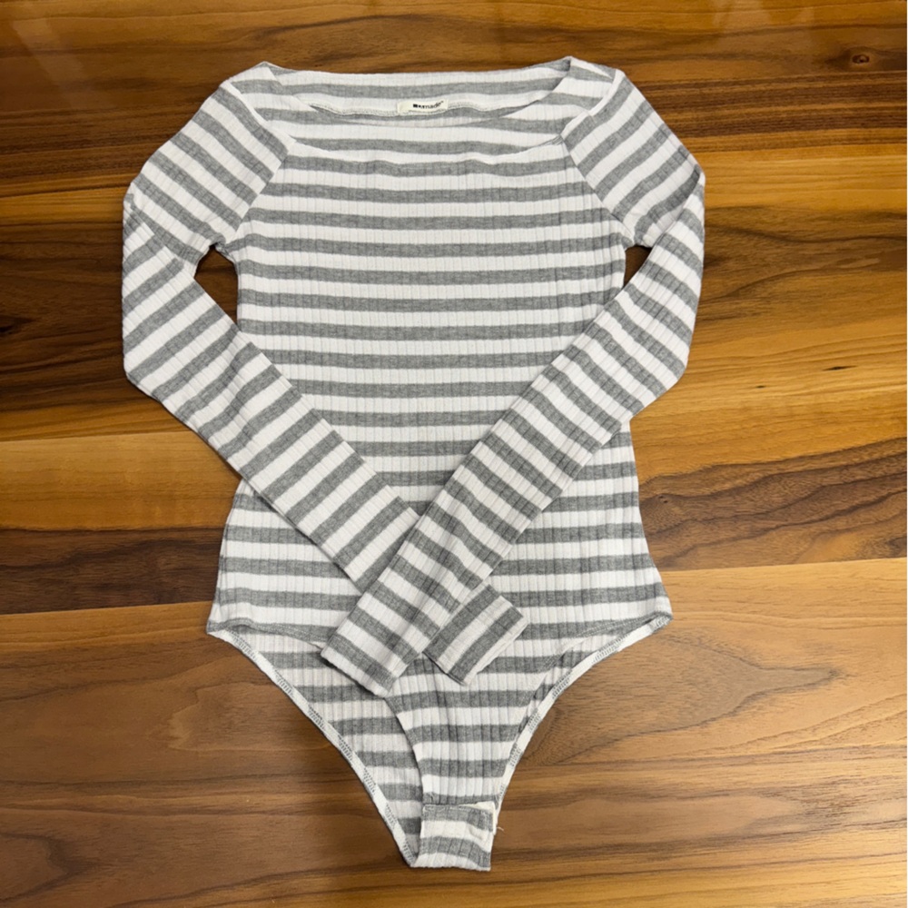 LAmade Gray and White Striped Bodysuit